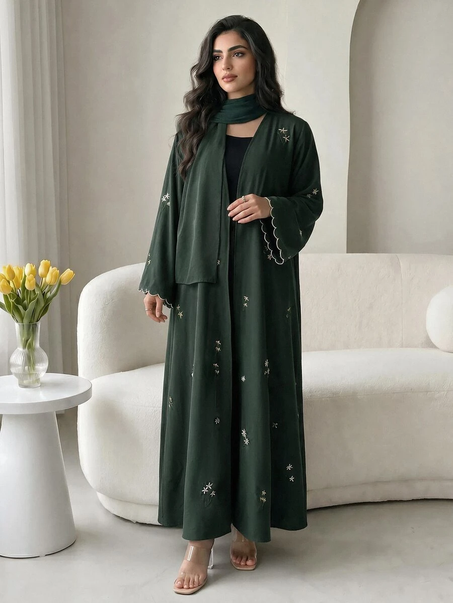 Al Najma Women's Floral Embroidered Pattern Casual Gathering Abaya - Green - View 1
