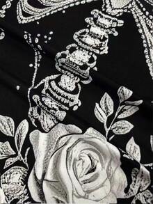 Halloween Skull Rose Print Fitted Bodycon Mini Dress Women Round Neck Long Sleeve Party Plus Size Dress - Multicolor - View 3
