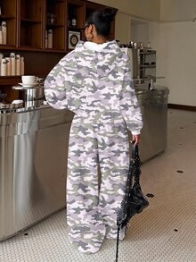 青少年女孩迷彩圖案連帽衛衣與寬鬆直筒運動長褲抓絨內裡兩件套 - 彩色 - 查看 3