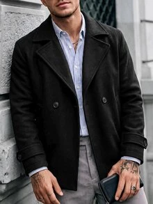 Manfinity Homme 男士純色休閒長袖外套，適合秋冬穿著，黑色大衣，鈕扣式大衣 - 黑色 - 查看 3