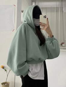 DAZY 女款純色連帽寬鬆短版運動衫 - 綠色 - 查看 5