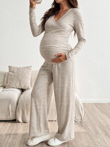 SHEIN 孕婦條紋長袖T恤與可調腰長褲2件套 - 杏色 - 查看 8