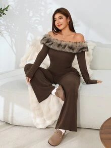 Solflare 大尺碼女款秋冬外出約會休閒通勤派對時尚都市多場景百搭兩件套，毛領保暖毛絨方領長袖修身T恤，高彈力羅紋針織喇叭褲，咖啡色組合 - 棕色 - 查看 6