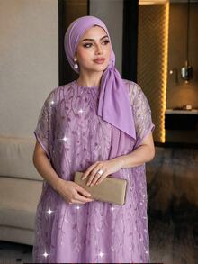 Auveirra Plus Size Women's Leaf Embroidery Pattern Casual Party Dress - Purple - View 5