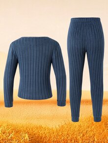 SHEIN 兒童青少年男孩休閒刷毛加厚長袖T恤與長褲套裝，霧藍色內著套裝，適合秋季、學校、居家穿著、家庭聚會、度假、派對，秋季穿搭，冬季穿搭 - 藍色 - 查看 3