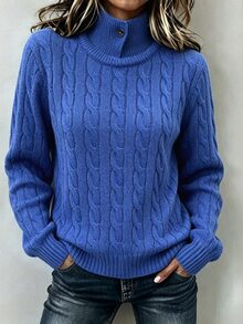 SHEIN Women's Cable Knit Stand Collar Long Sleeve Casual Versatile Sweater - Blue - View 2