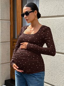 MaterniWear Maternity Polka Dot Print Square Neck Long Sleeve Ruched T-Shirt - Brown - View 6