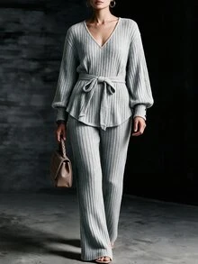Linhara CURVE Plus Size Minimalist V-Neck Long Sleeve Top And Pants Elegant Set Fall - Light Grey - View 3