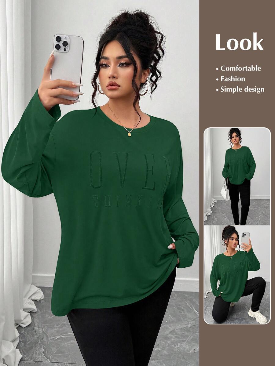 SHEIN LUNE CURVE 大尺碼休閒圓領長袖刺繡T恤 秋季 - 墨綠色 - 查看 1