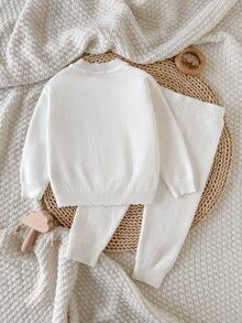 Baby Girls Sweater Co-Ords Fashion Casual Matching Cute Cream White Knit Cardigan Top + Knitted Textured Solid Color Footed Leggings 2pcs Set Autumn - White - View 2