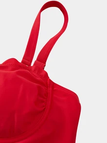 Swim Oasis Christmas Red Petal Trim Bandeau Detachable Shoulder Strap Skirt Swimsuit One Piece Two Pieces Set - Red - View 11