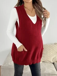 SHEIN Maternity Minimalist Versatile Pocket Knit Vest Cardigan - Red - View 4