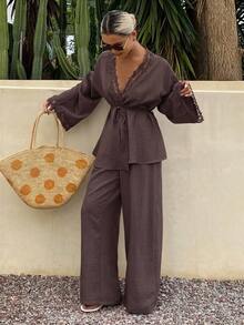 Dazy Tall Women's Lace Patchwork Vacation Style Casual 2 Pieces Set - Brown - View 7