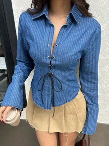 Rivivi Women's Striped Casual Daily Denim Top - Blue - View 1