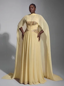 Elitara Gaun Panjang A-Line Elegan Ukuran Plus Warna Kuning Champagne dengan Leher Halter V Dalam, Hiasan Manik-manik dan Rhinestone, Pinggang Berkerut dengan Desain Selendang Pita, Cocok untuk Pesta Prom, Pesta Liburan, Acara Pernikahan, dan Gaun Malam Formal - Sampanye - View 7