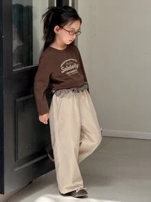 Dazy Kids 少女字母印花長袖T恤與拼接格紋荷葉邊長褲休閒套裝 - 卡其色 - 查看 5