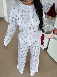 ZzzCrew Plus Size Women's Pajamas Set With Faux Buttons, Christmas Candy Cane Print, Rolled Hem Casual Loungewear - White - View 3