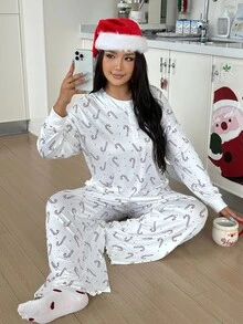 ZzzCrew Plus Size Women's Pajamas Set With Faux Buttons, Christmas Candy Cane Print, Rolled Hem Casual Loungewear - White - View 7