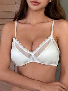 DAZY Lace Patchwork Thin Adjustable Strap Padded Push-Up Bra Women's Underwear - White - View 6