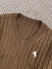 SHEIN 青少年女孩簡約純色V領長袖針織衫，休閒日常穿著，秋冬長袖上衣，學院風V領長袖針織衫，刺繡針織衫 - 棕色 - 查看 7