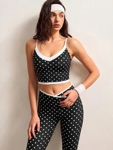 VARSIVA Women's Polka Dot Print Camisole Top And Criss-Cross Waist Contrast Color Long Pants Sports Set - Black and White - View 10