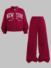 Kids Tween Girl 1pc Letter Graphic Zip Up Thermal Lined Bomber Autumn Winter Jacket & 1pc Wide Leg Sweatpants Set - Burgundy - View 8