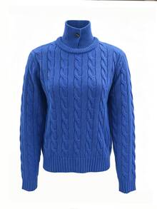 SHEIN Women's Cable Knit Stand Collar Long Sleeve Casual Versatile Sweater - Blue - View 7