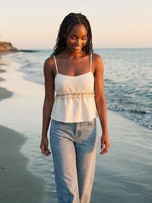 CAJUNI Spaghetti-Strap Top Featuring Special Shell-Style Fabric And Trim; Perfect For A Chic, Elegant, And Casual Summer Vacation Look. - Beige - View 9