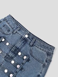 SHEIN MOD 女款街頭風鈕扣口袋牛仔迷你裙 - 藍色 - 查看 5