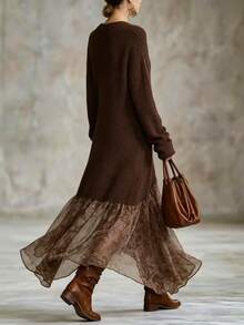 Breezaya Women's V-Neck Long Sleeve Patchwork Floral Print Asymmetric Hem Fashion Dress - Brown - View 7