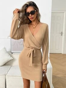 Balvessa Women's Solid Color Overlap V-Neck Dropped Shoulder Long Sleeve Elegant Dress - Apricot - View 7