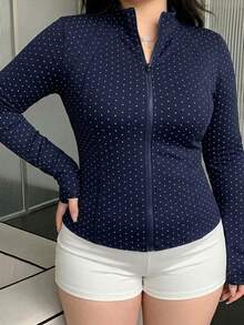 Dazy Plus Black Polka Dot Outdoor Raglan Sleeve Slim Fit Waist Cinched Sports Jacket Spring Autumn New Style - Navy Blue - View 5