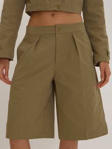 MUSEYN Khaki Woven Tailored Bermuda Shorts Versatile Everyday Casual Fall - Army Green - View 1