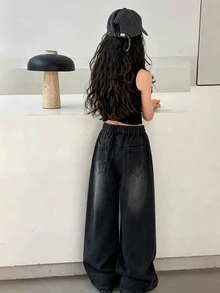 DAZY Tween Girl Casual Daily Wide Leg Denim Jeans With Pockets And Buttons - Black - View 2