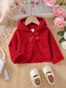 SHEIN 女嬰蝴蝶結裝飾長袖可愛連帽外套 - 紅色 - 查看 9
