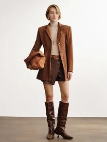 Briarwyn Autumn/Winter Suede Velvet Metal Button Waist-Cinching Commuter Blazer - Coffee Brown - View 6
