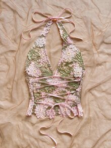 Soleia 新款性感浪漫花卉刺繡V領露背綁帶背心，適合約會、夜店、波希米亞風、度假、秋季女裝、復古、節日 - 粉色 - 查看 2