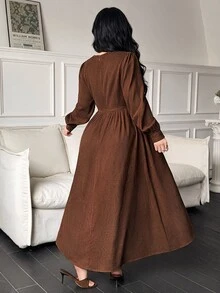 Feyla Đầm xếp ly tay dài cài cúc thêu phong cách vintage size lớn - Cà phê nâu - Xem 2
