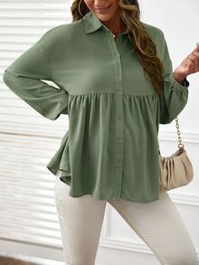 SHEIN Maternity Solid Color Pleated Casual Daily Long Sleeve Top - Green - View 3