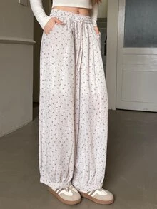 K-Vae Ditsy Floral Lantern Pants Elastic Waist Drawstring Casual Loose Fit Versatile Summer Trousers For Women - Apricot - View 3