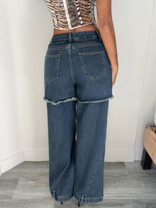 Jeanoix Y2K Wasteland Style Distressed Gradient Denim Straight Leg Jeans With Front Star Stripe Print Layered Ripped Holes Button Adjustable Wide Leg Pants - Dark Wash - View 2