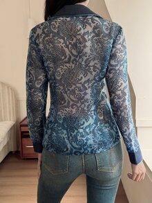 Livesso Tall Women's Floral Print Lace Patchwork Fitted Shirt With Turn Collar And Cinching Waist - Blue - View 4