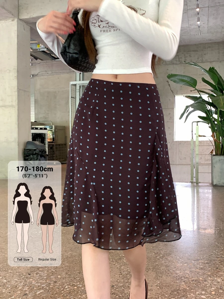 Dazy Tall Rok Wanita Motif Polkadot Seluruh Permukaan Gaya Korea, Serbaguna untuk Musim Semi dan Musim Panas - Coffee Brown - View 1