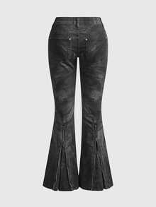 ROMWE Autumn/Winter Y2K Street Style Zipper Transformable Ultra Low Waist Skinny Distressed Mottled Print Slim Fit Straight Leg Flared Jeans - Black - View 2