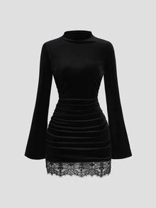 Sweetra Women's Spicy Style Semi-High Neck Flare Sleeve Ruched Bodycon Lace Trim Mini Skirt - Black - View 4