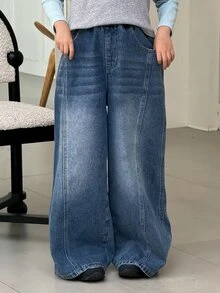 DAZY Tween Girl Wide Leg Loose Casual Denim Jeans With Pockets - Medium Wash - View 3