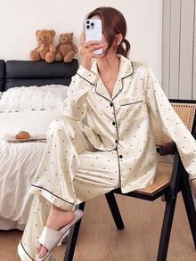 Napfluff Set Piyama Celana Panjang Lengan Panjang Motif Polkadot Hitam Sederhana dan Elegan untuk Wanita - Putih - View 1