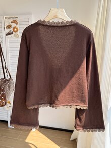 Comfortcana Cardigan Rajut Lengan Panjang Wanita Ukuran Plus dengan Detail Renda Kontras di Bagian Depan dan Tali Pengikat - Coklat - View 2