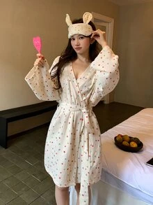 DAZY Women's Fashionable Versatile Polka Dot Contrast Color Robe For Home Wear - White - View 8