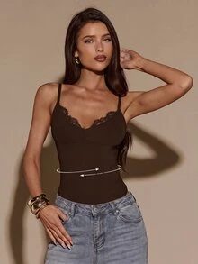 SHEIN BAE 秋冬棕色深V領蕾絲飾邊細肩帶緊身性感連身衣 感恩節亡靈節派對穿搭 - 咖啡棕 - 查看 1
